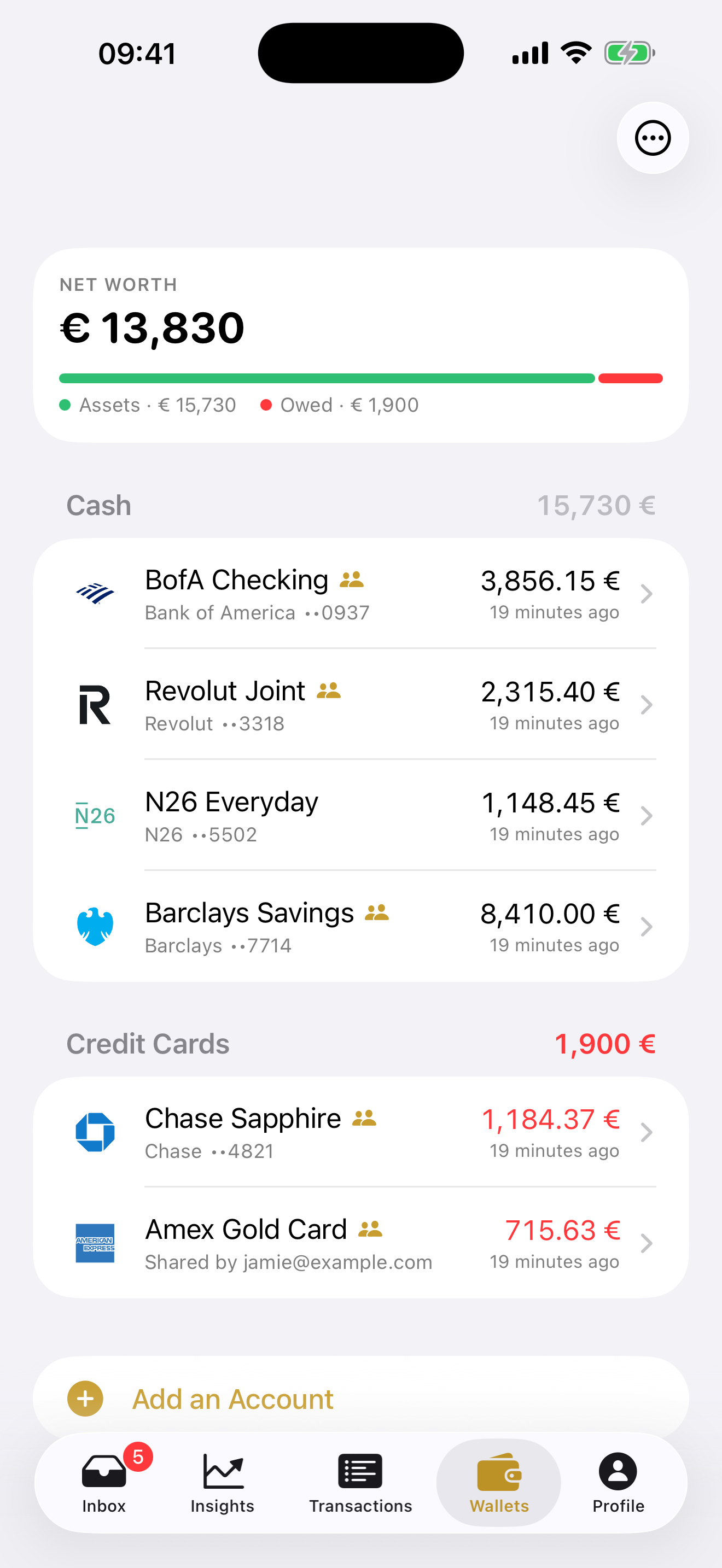 Melbee shared wallets screen with fictional household data