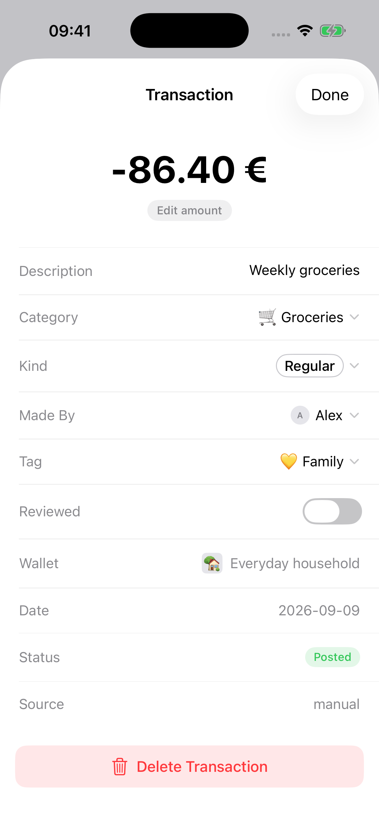 Melbee transaction details: Weekly groceries, €86.40. Made By Alex. Tag: Family.